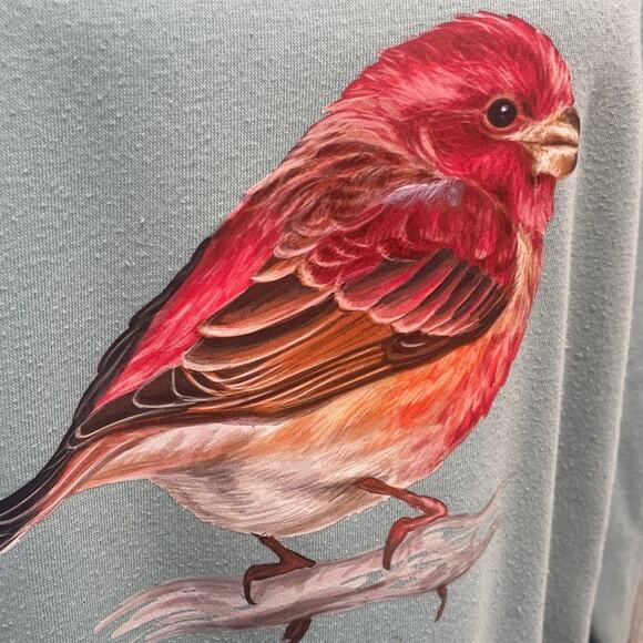 Hand Printed Upcycled Womens 1X Red Finch Bird PolyCotton Crew Neck Sweatshirt - Picture 2 of 4